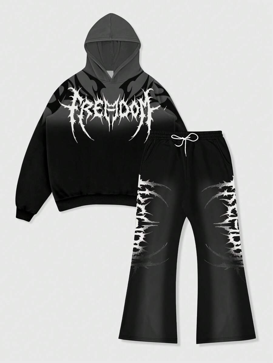 Men's Gothic Gradient Letter Hoodie & Pants Set