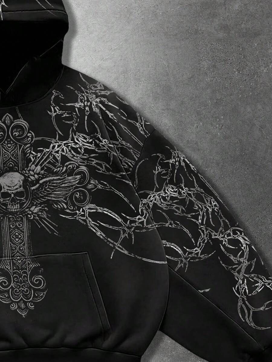 Men's Skull Cross Print Pocket Hoodie