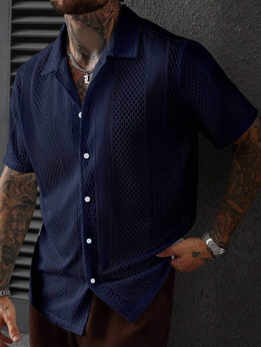 Men's Solid Color Jacquard Knit Short Sleeve Shirt