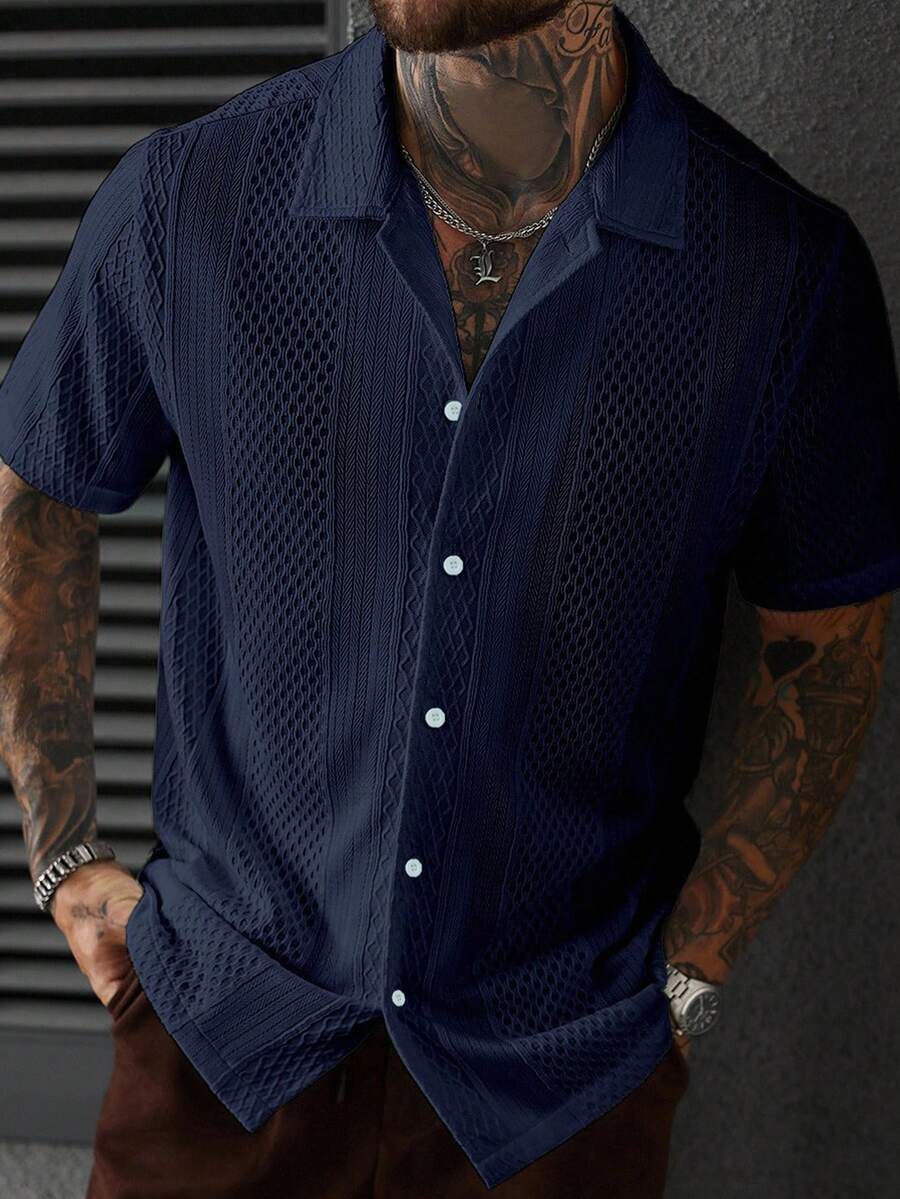 Men's Solid Color Jacquard Knit Short Sleeve Shirt