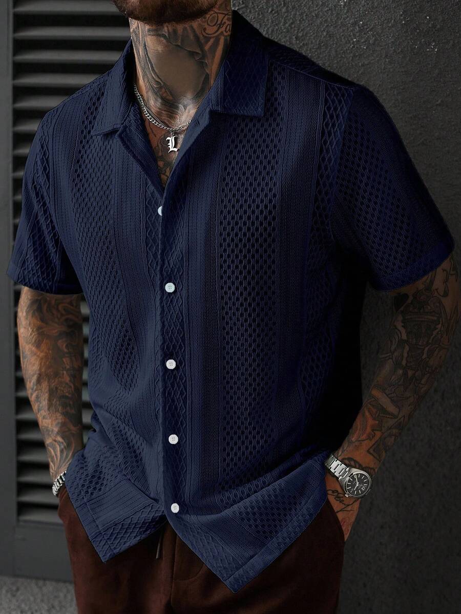 Men's Solid Color Jacquard Knit Short Sleeve Shirt