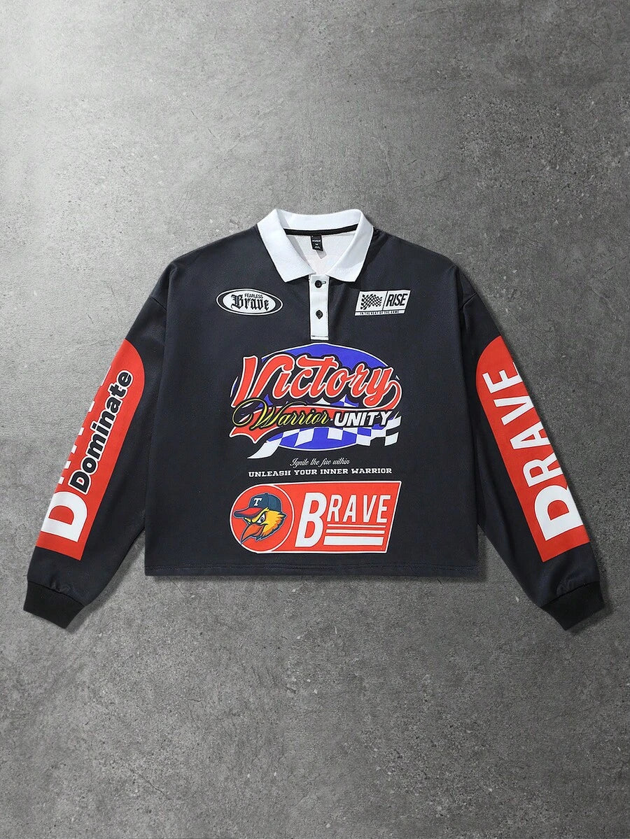 Men's Casual Loose Fit Long Sleeve Polo Shirt