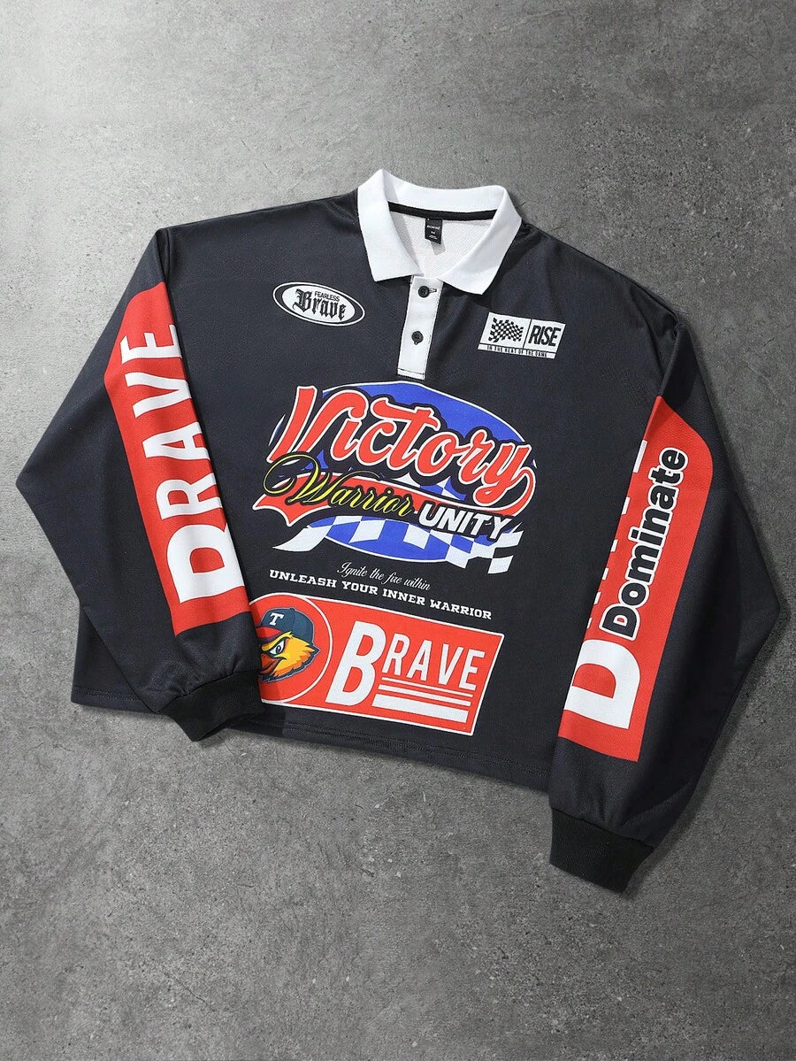 Men's Casual Loose Fit Long Sleeve Polo Shirt