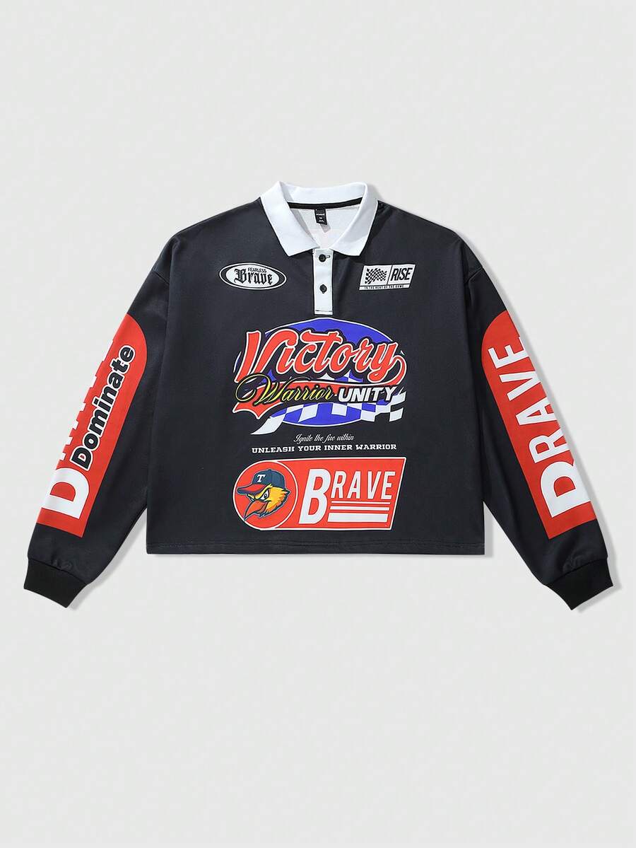 Men's Casual Loose Fit Long Sleeve Polo Shirt