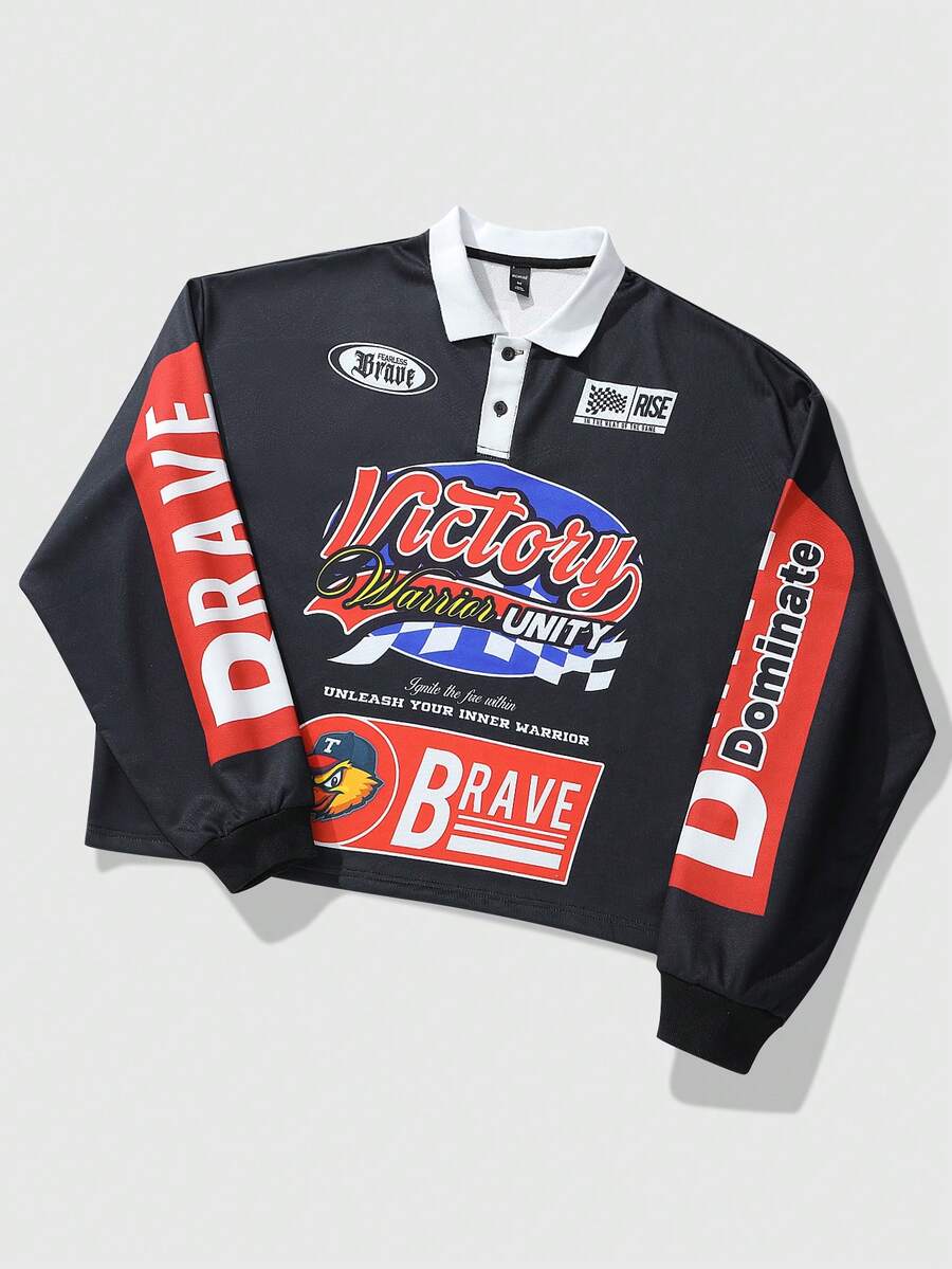 Men's Casual Loose Fit Long Sleeve Polo Shirt