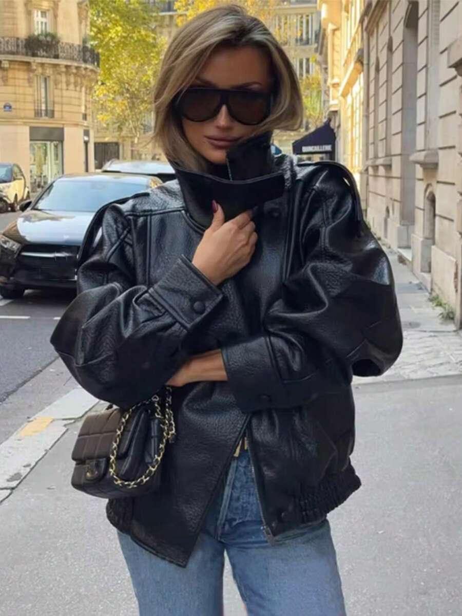 Women's Stand Collar PU Leather Jacket,