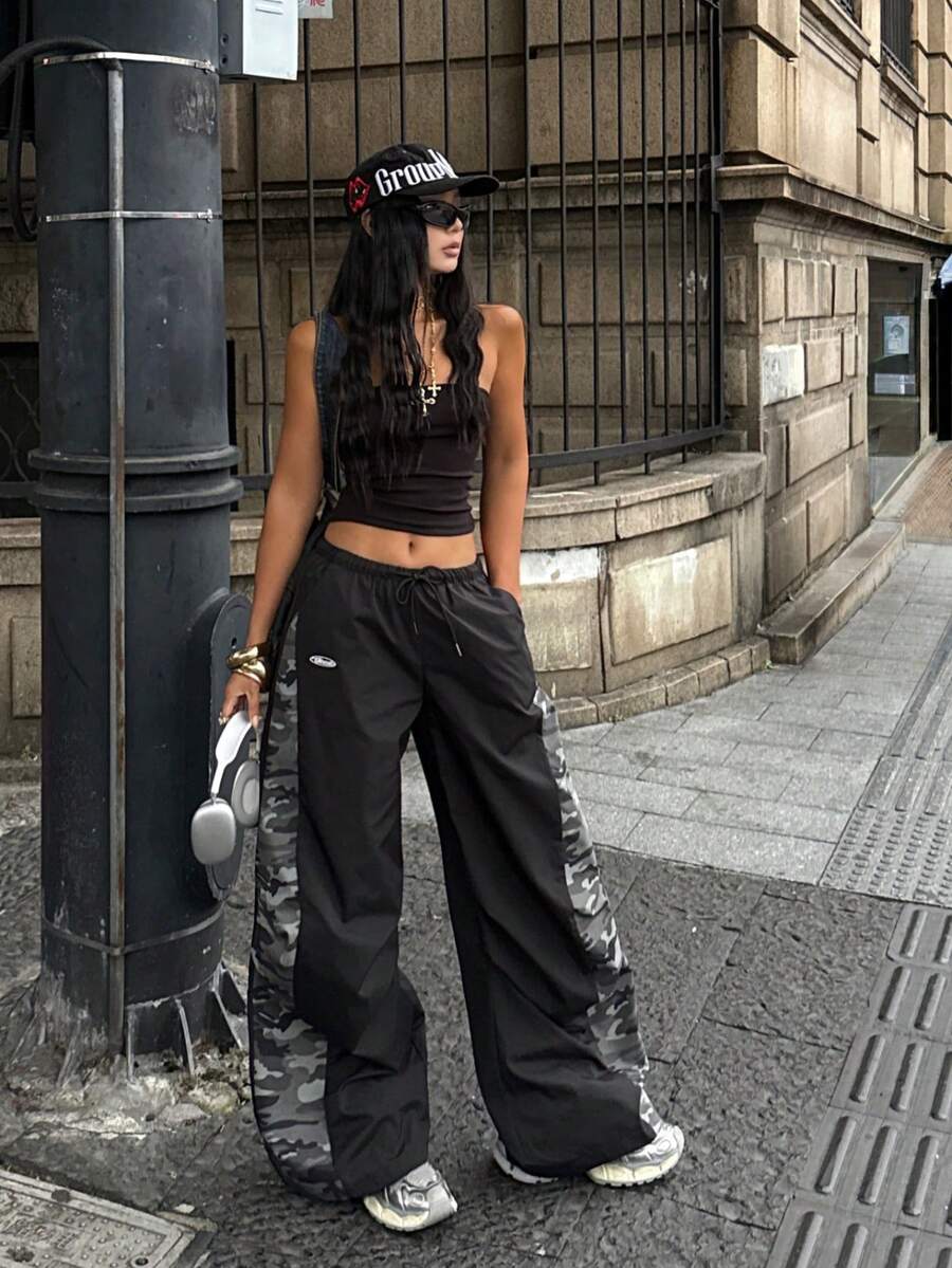 Women's Streetwear Color-Blocked Parachute Pants