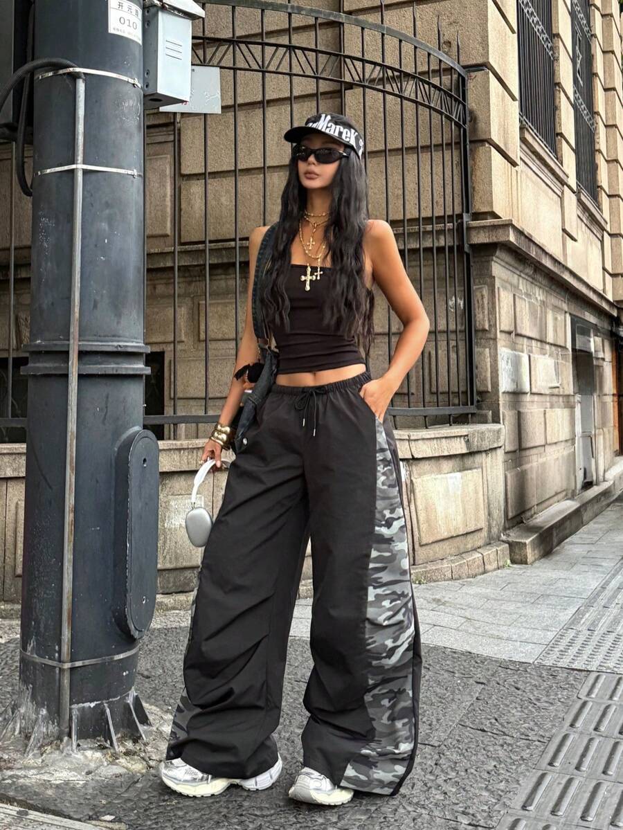 Women's Streetwear Color-Blocked Parachute Pants