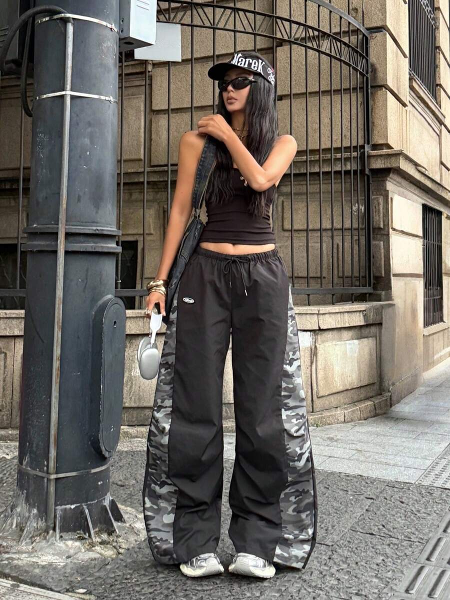 Women's Streetwear Color-Blocked Parachute Pants