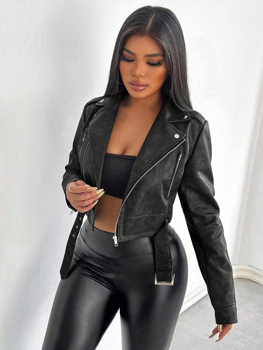 Women's Retro Collar Zipper Waist Belt Leather Short Jacket
