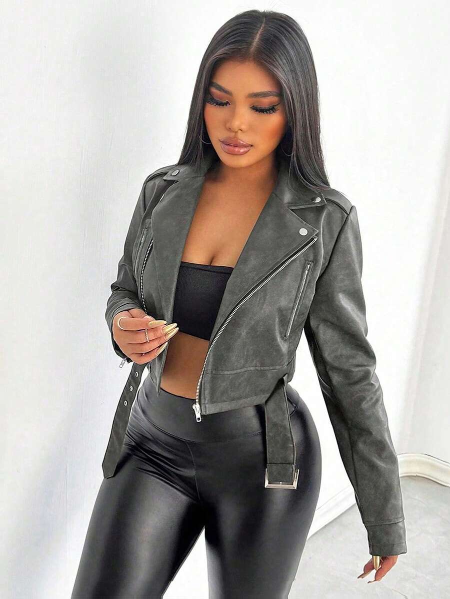 Women's Retro Collar Zipper Waist Belt Leather Short Jacket