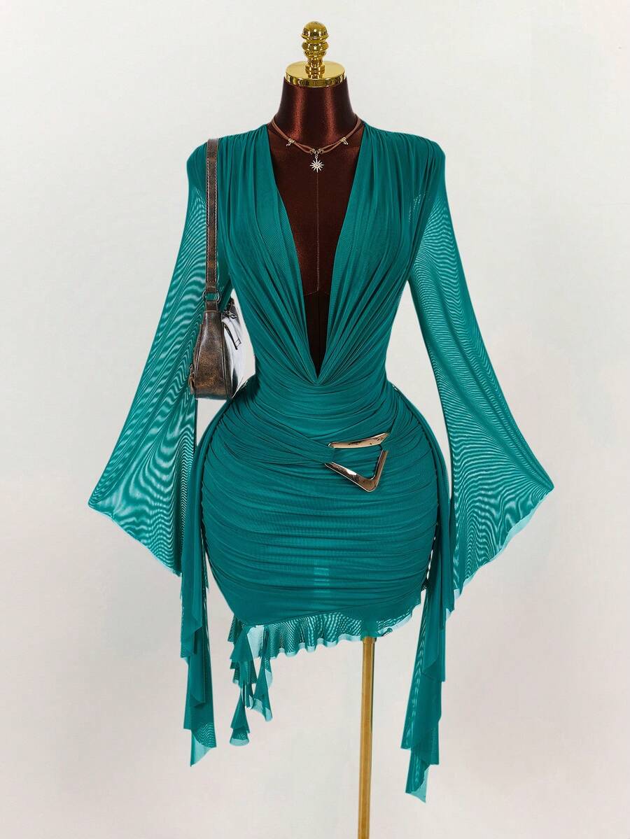 Ruffle Halter Neck Mesh Mini Dress
