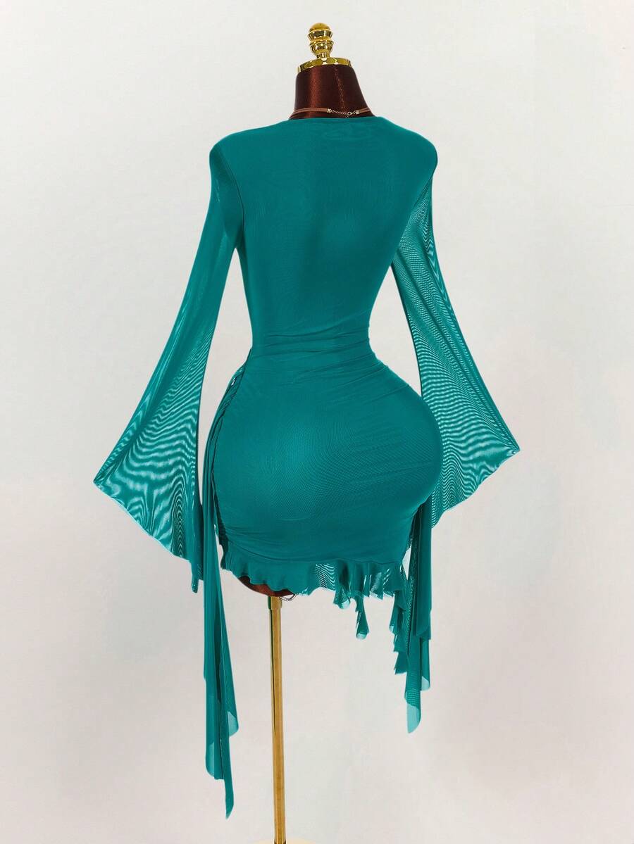 Ruffle Halter Neck Mesh Mini Dress
