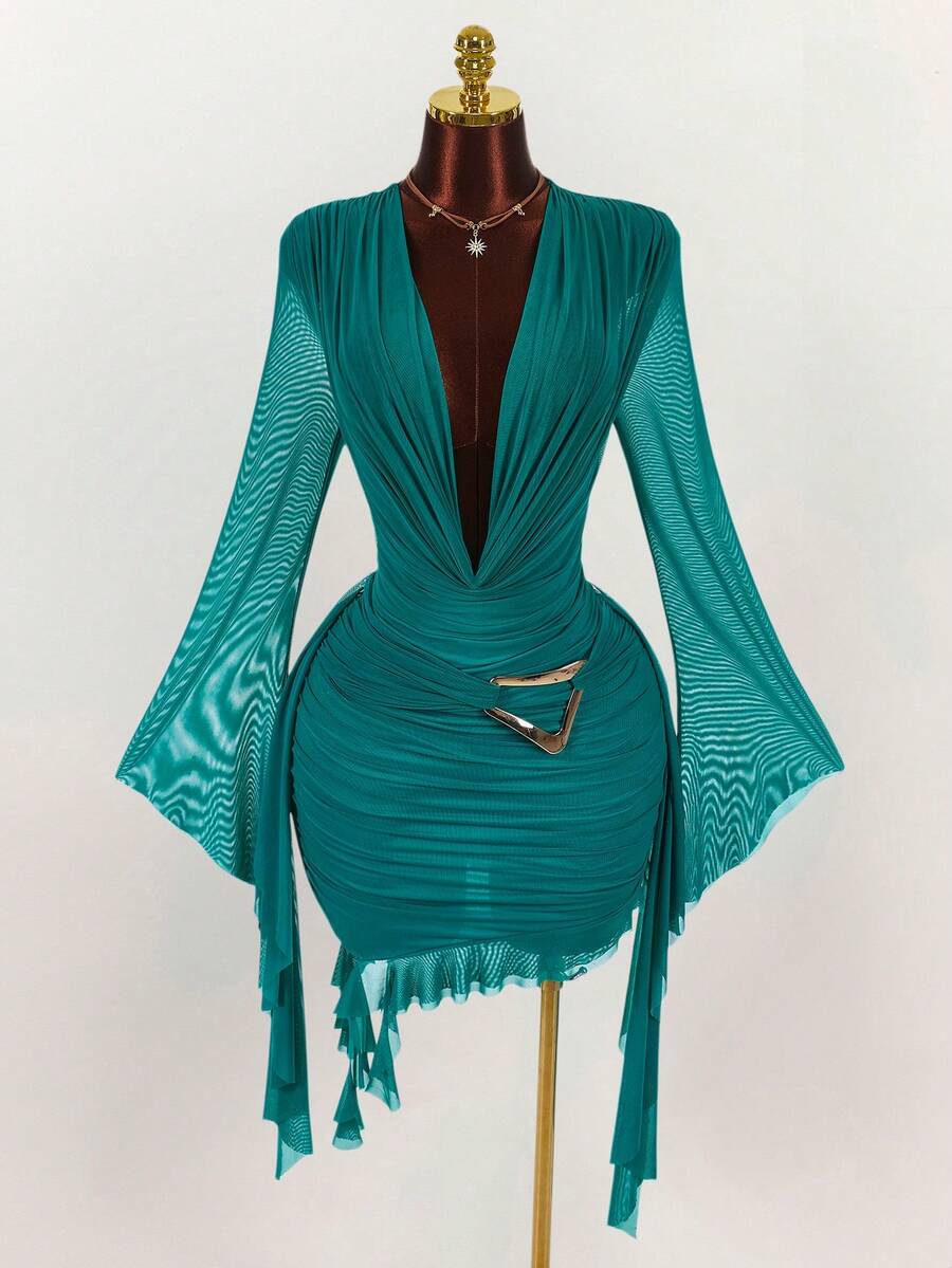 Ruffle Halter Neck Mesh Mini Dress