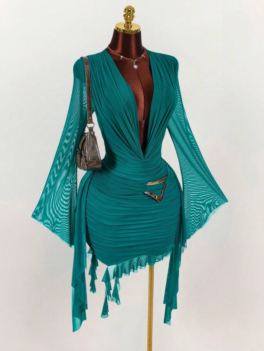 Ruffle Halter Neck Mesh Mini Dress