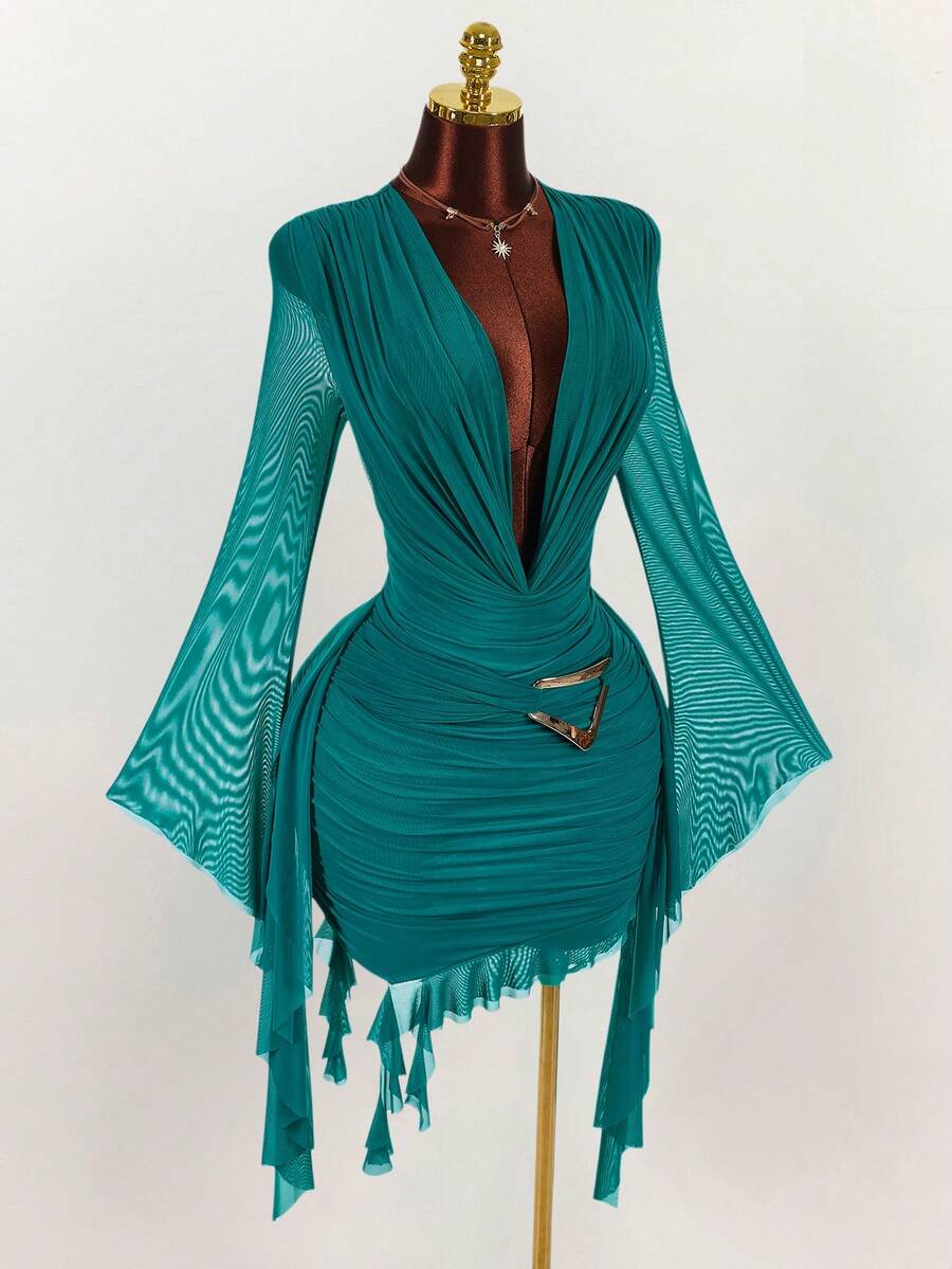 Ruffle Halter Neck Mesh Mini Dress