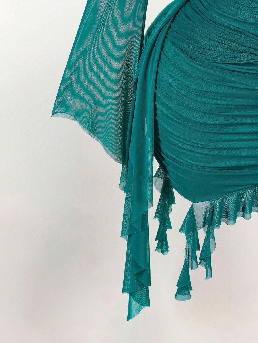 Ruffle Halter Neck Mesh Mini Dress