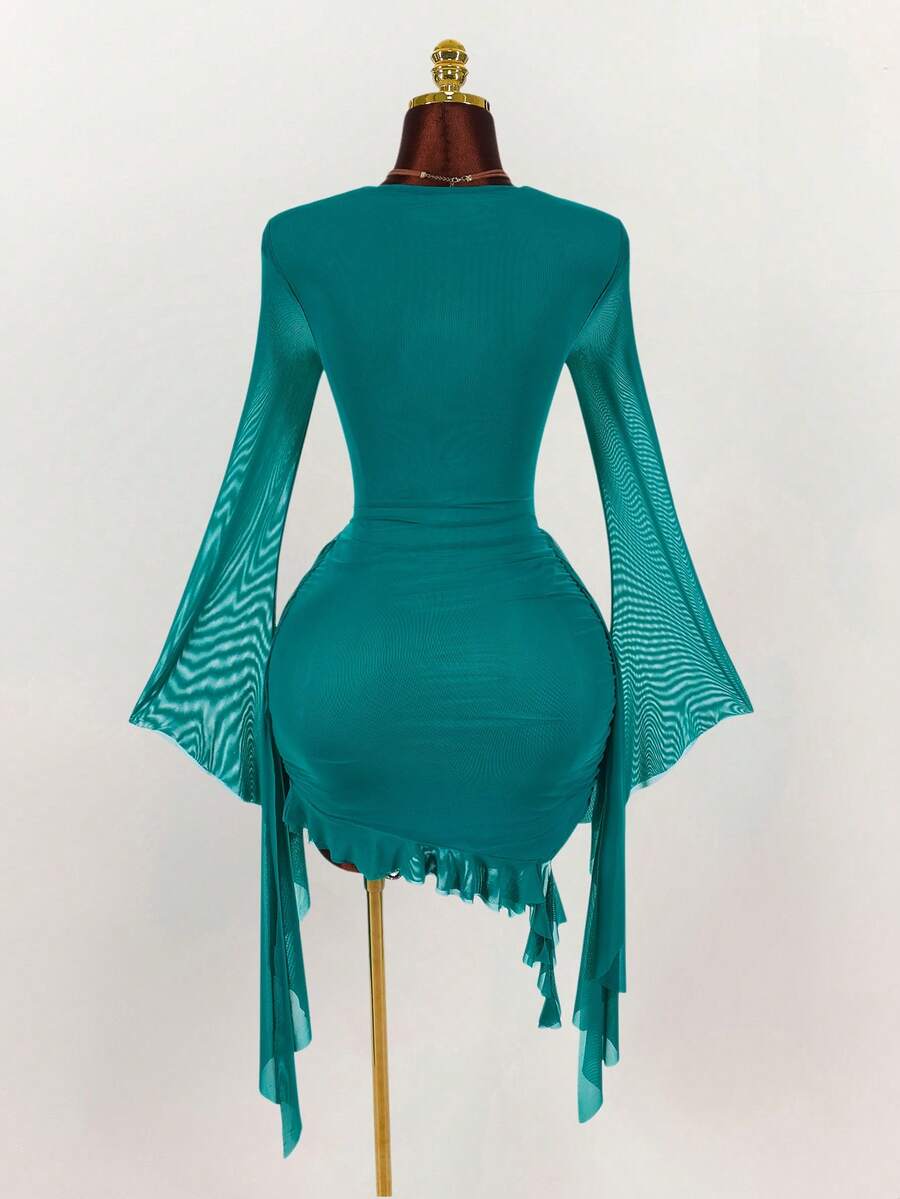 Ruffle Halter Neck Mesh Mini Dress