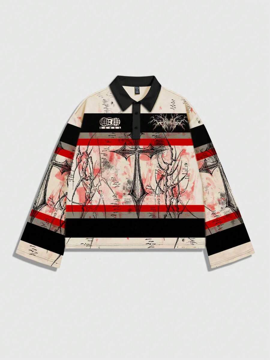 Men's Street Graphic Print Striped Polo Collar Long Sleeve T-Shirt