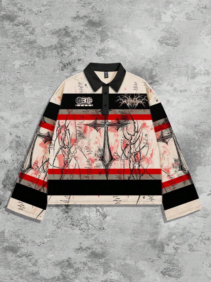 Men's Street Graphic Print Striped Polo Collar Long Sleeve T-Shirt