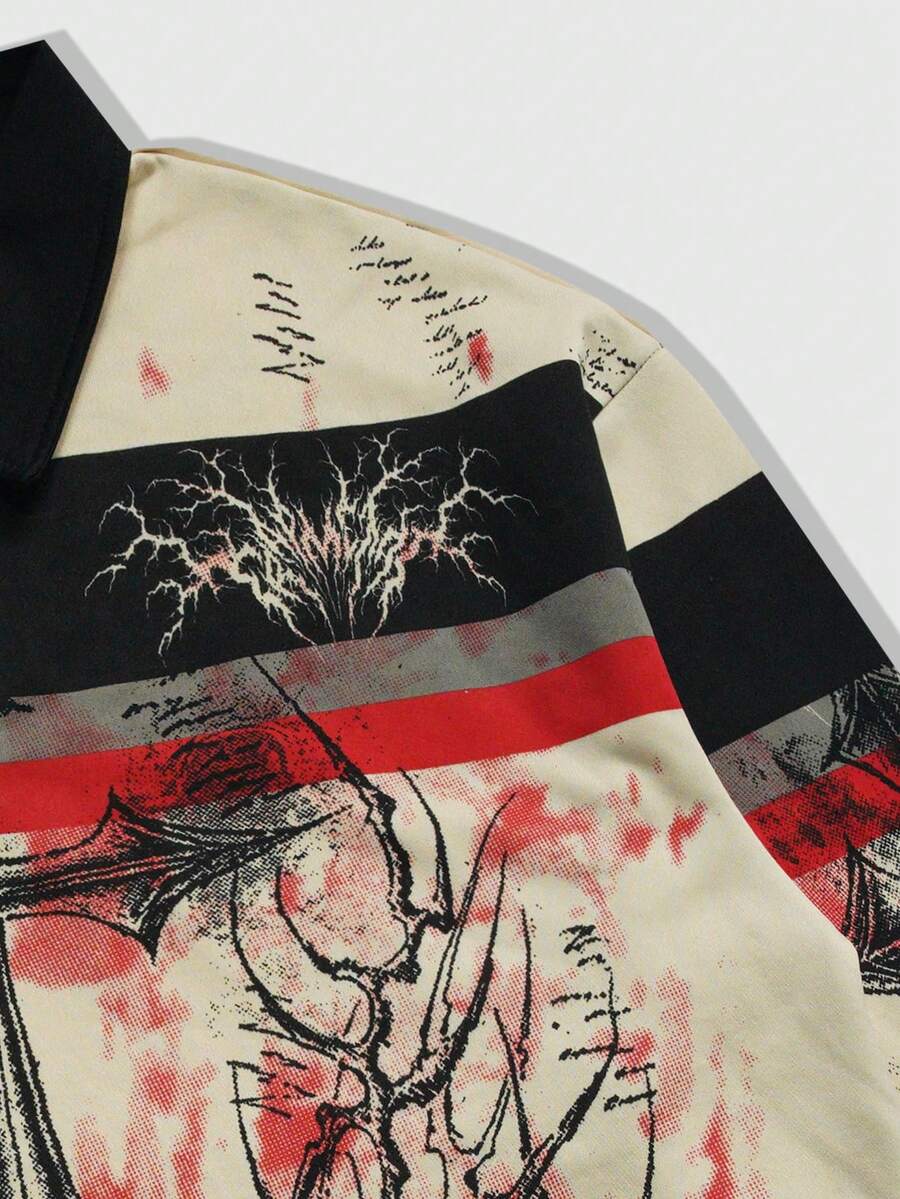 Men's Street Graphic Print Striped Polo Collar Long Sleeve T-Shirt