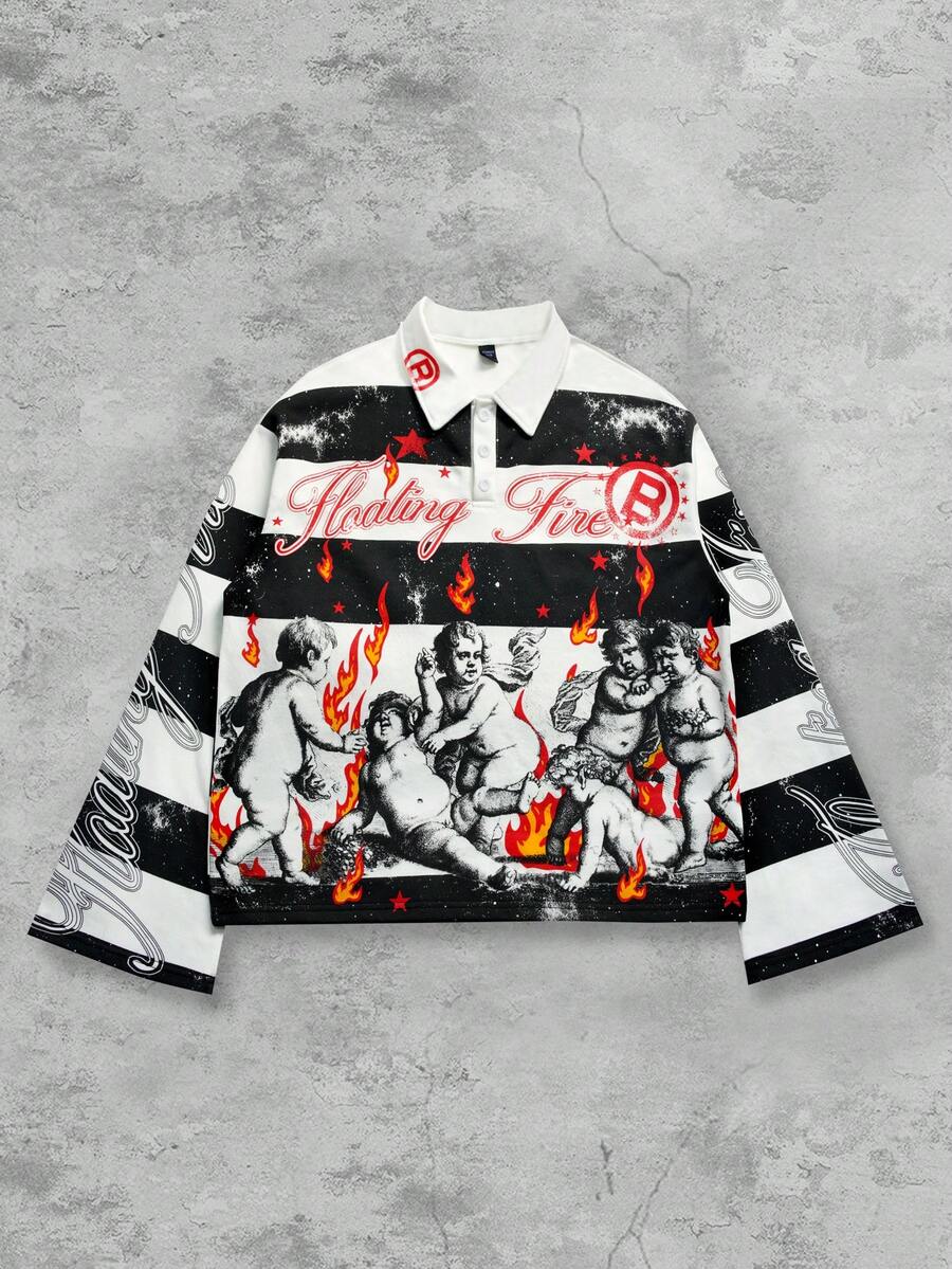 Men's Street Graphic Print Striped Polo Collar Long Sleeve T-Shirt