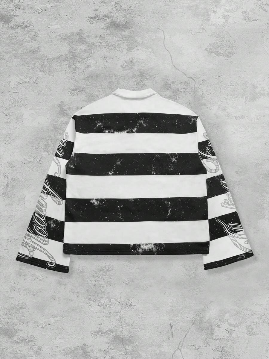 Men's Street Graphic Print Striped Polo Collar Long Sleeve T-Shirt