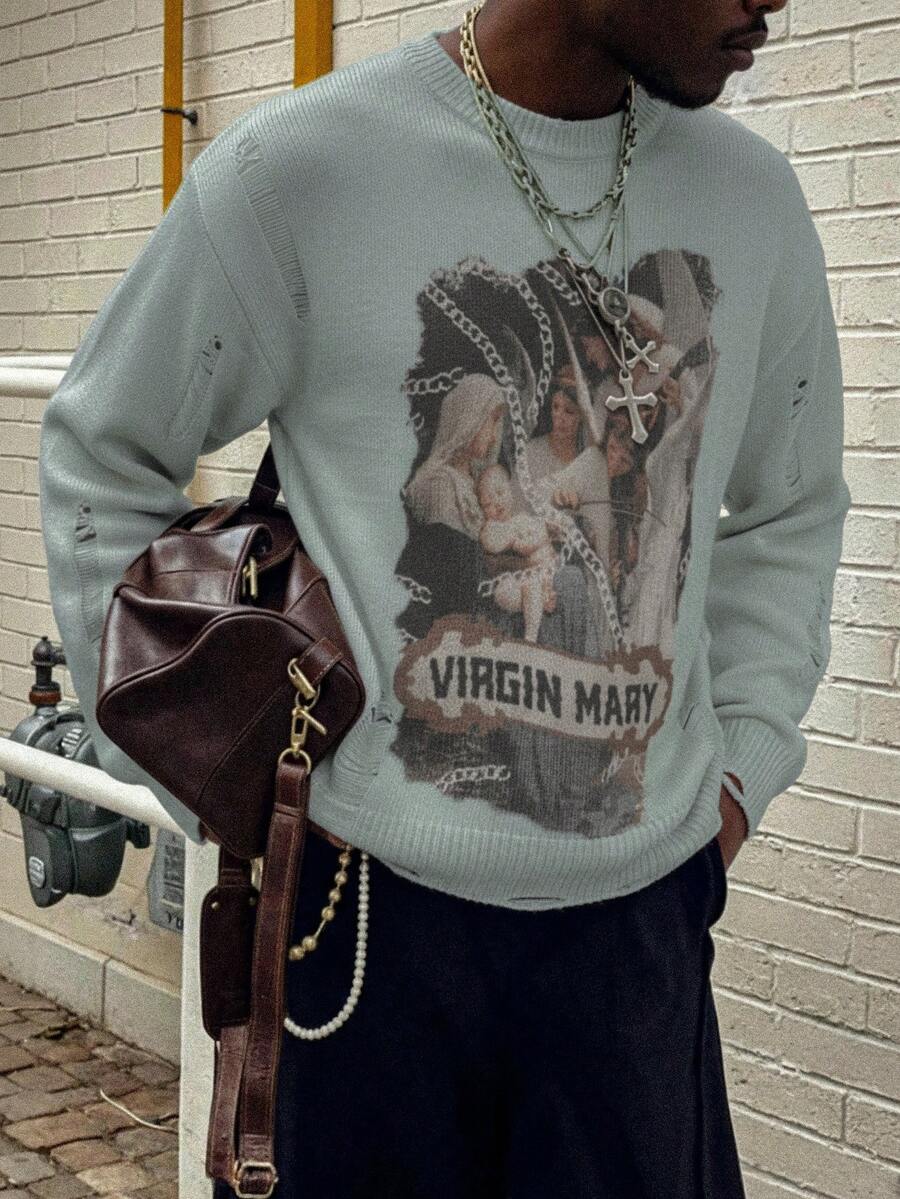 Men's Retro Artistic Oil Painting Style Print Long Sleeve Crew Neck Pullover Knit Sweater