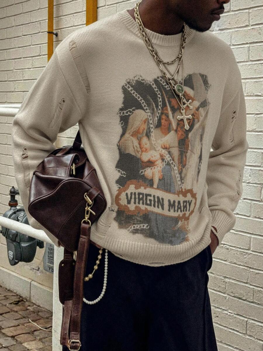 Men's Retro Artistic Oil Painting Style Print Long Sleeve Crew Neck Pullover Knit Sweater