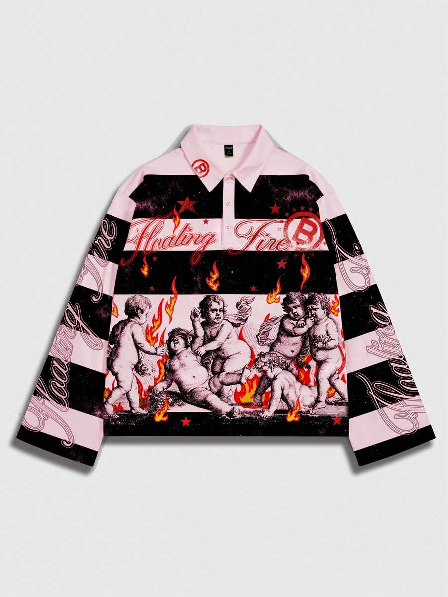 Men's Street Graphic Print Striped Polo Collar Long Sleeve T-Shirt