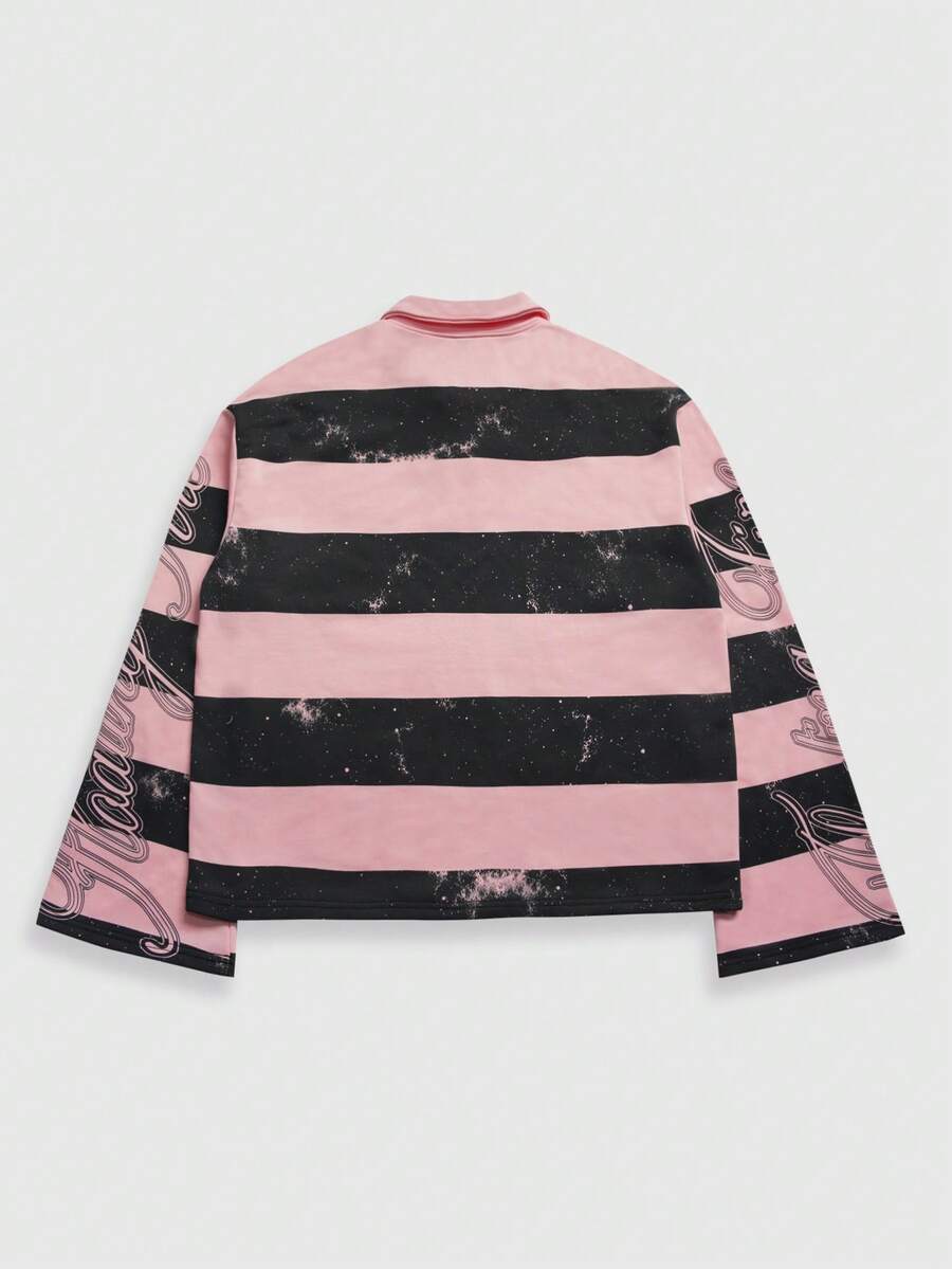 Men's Street Graphic Print Striped Polo Collar Long Sleeve T-Shirt