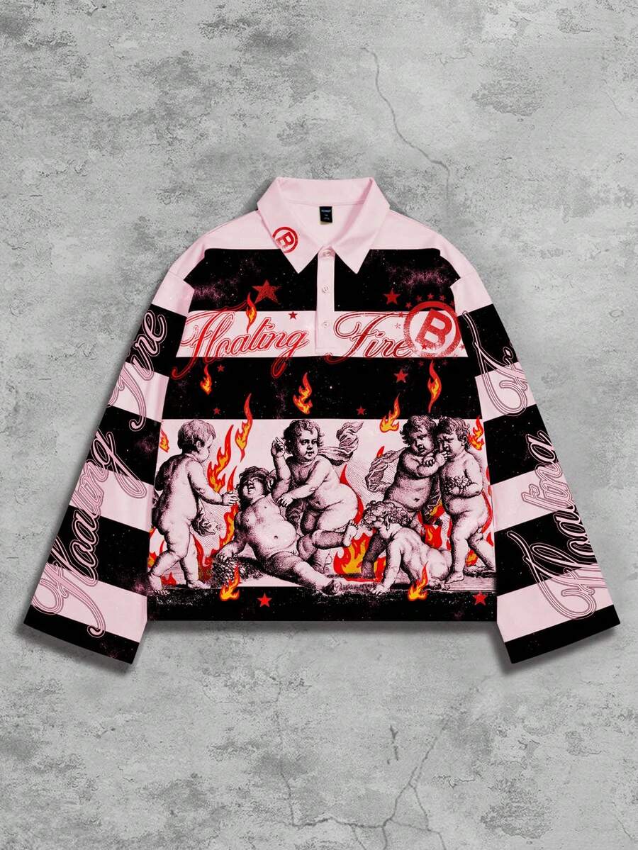 Men's Street Graphic Print Striped Polo Collar Long Sleeve T-Shirt