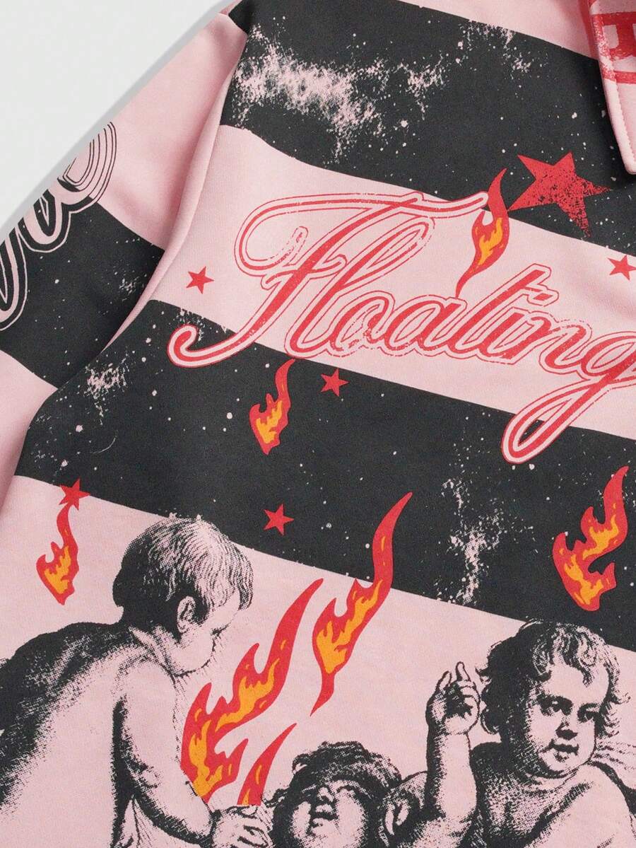 Men's Street Graphic Print Striped Polo Collar Long Sleeve T-Shirt