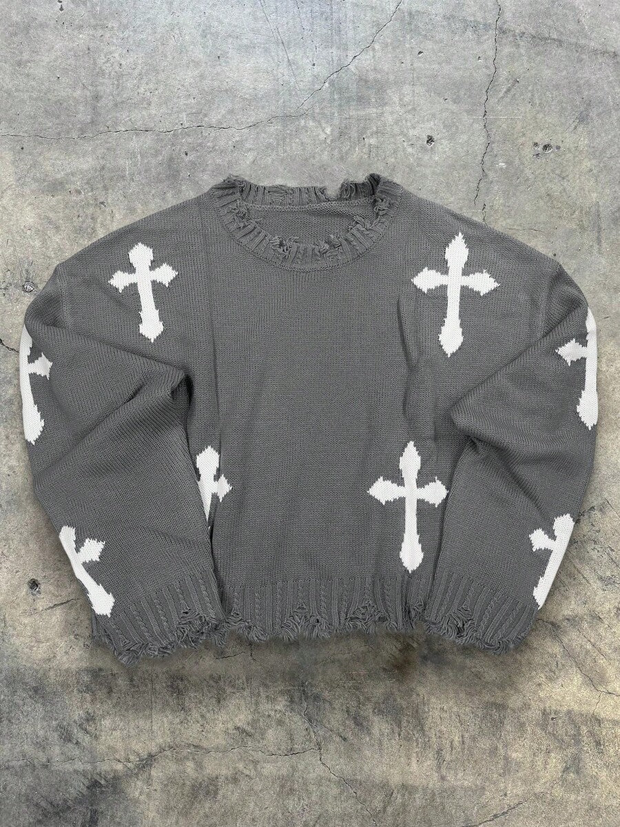 Men's Y2k Cross Graphic Frayed Pullover Sweater
