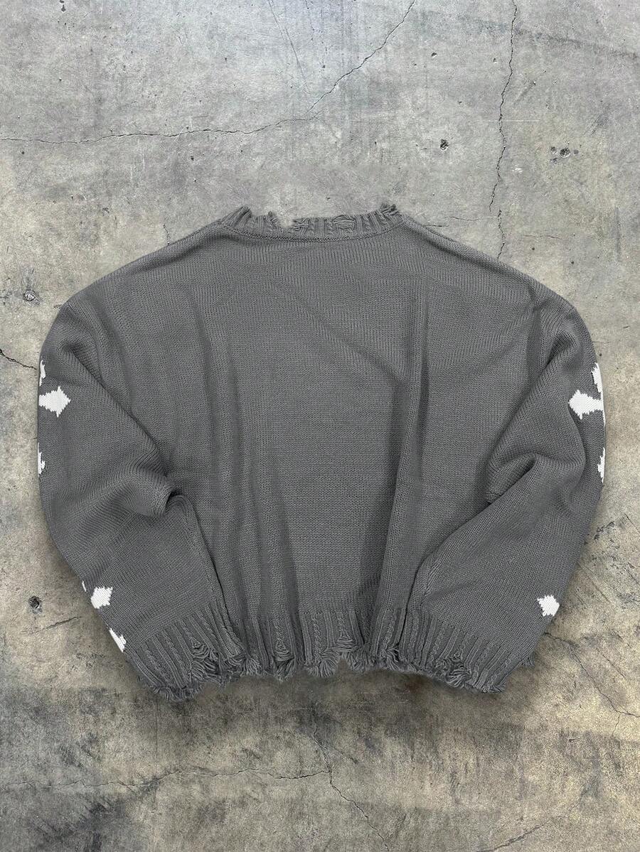 Men's Y2k Cross Graphic Frayed Pullover Sweater