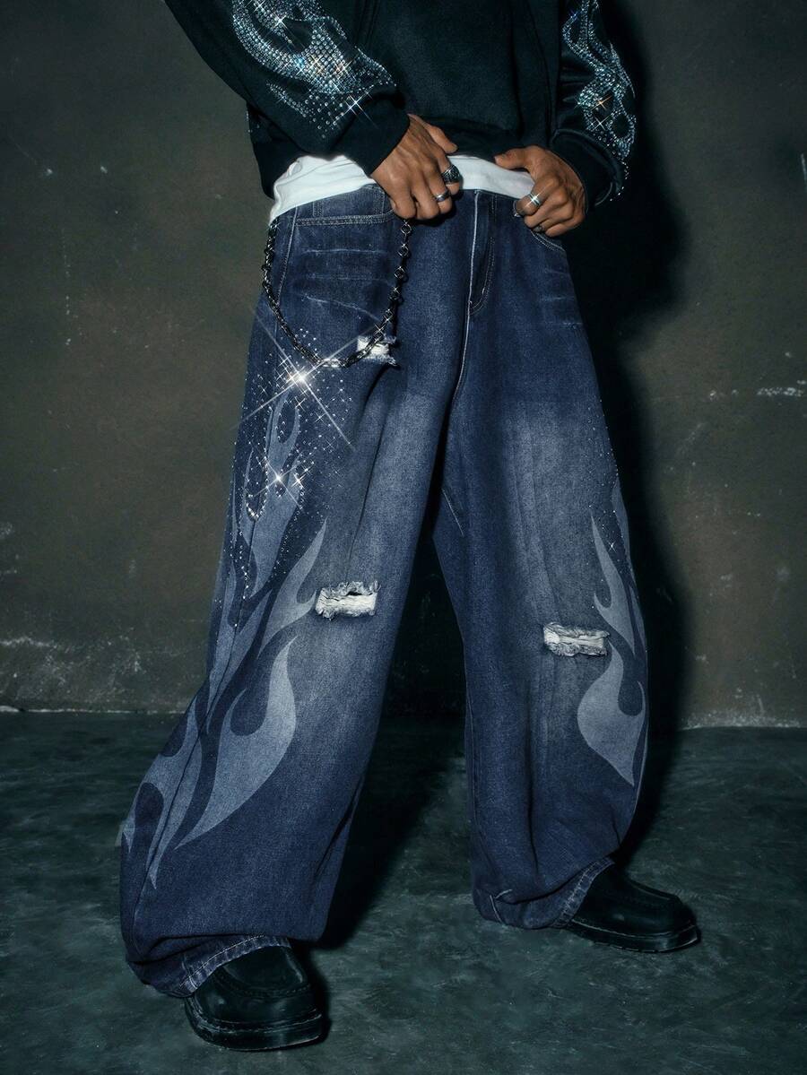 Fashionable Straight Loose Fit Patchwork Frayed Hem Men's Baggy Denim Jeans, Streetwear Style