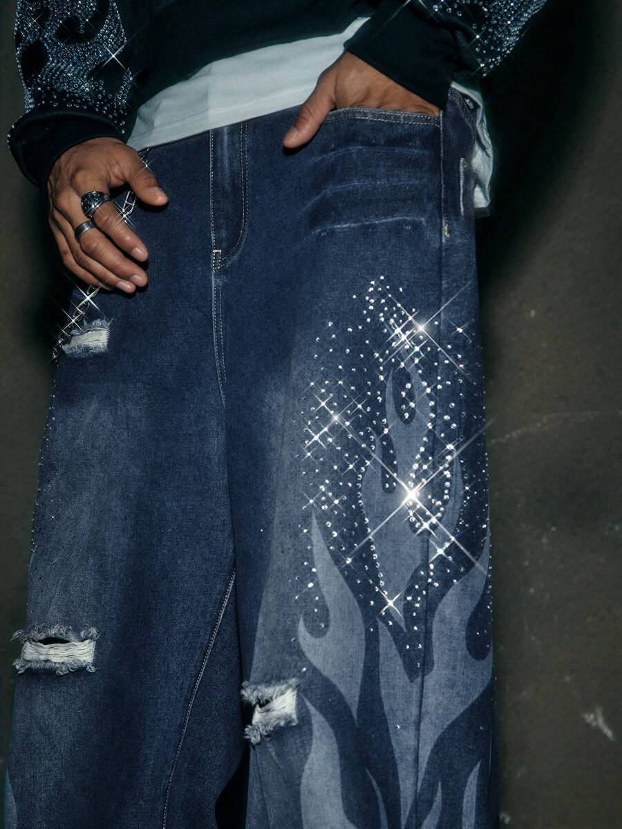 Fashionable Straight Loose Fit Patchwork Frayed Hem Men's Baggy Denim Jeans, Streetwear Style