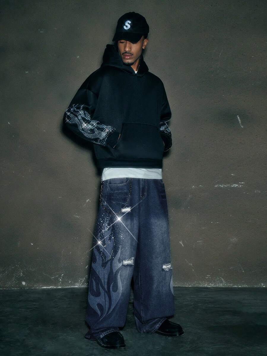 Fashionable Straight Loose Fit Patchwork Frayed Hem Men's Baggy Denim Jeans, Streetwear Style