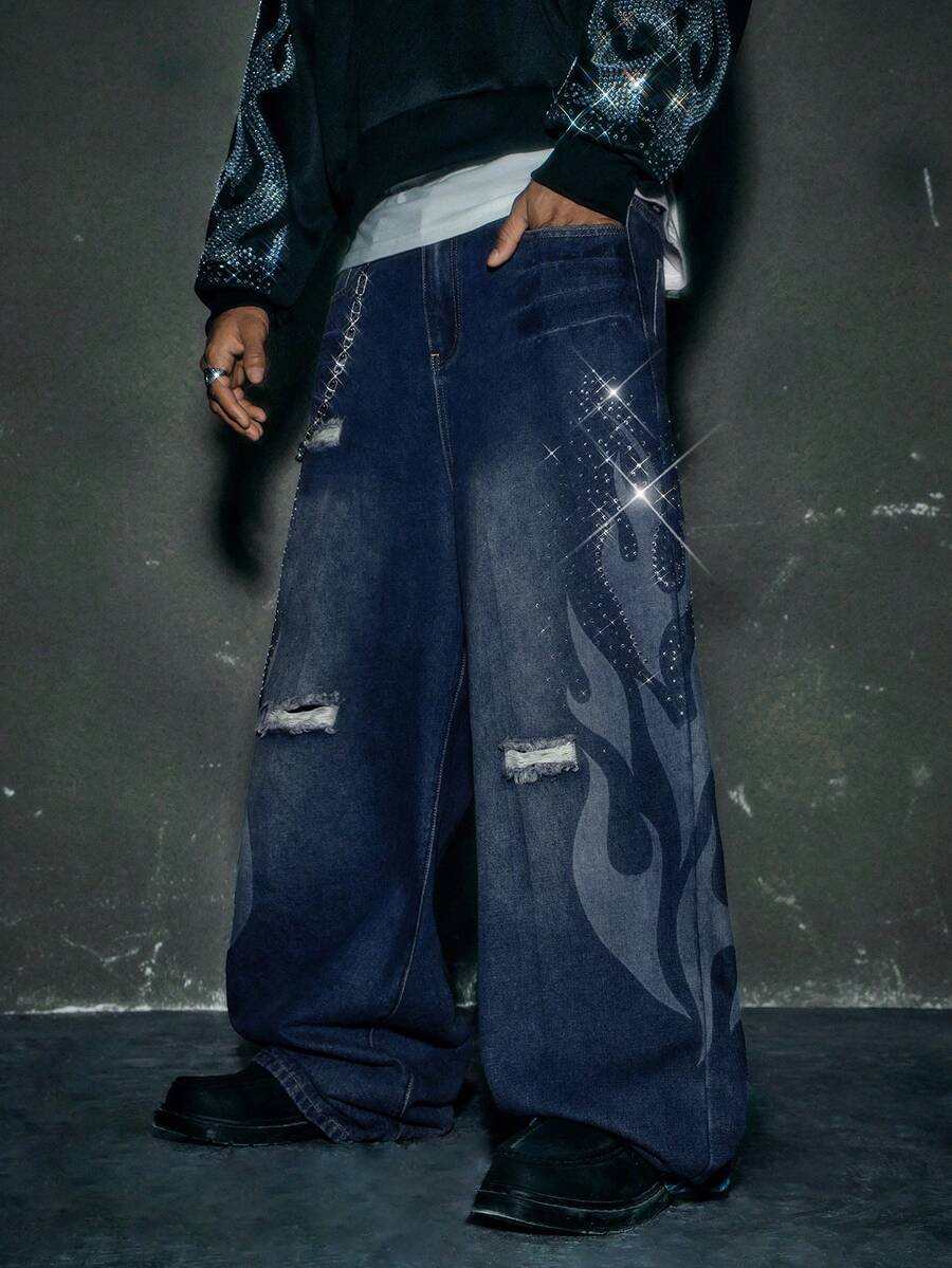 Fashionable Straight Loose Fit Patchwork Frayed Hem Men's Baggy Denim Jeans, Streetwear Style