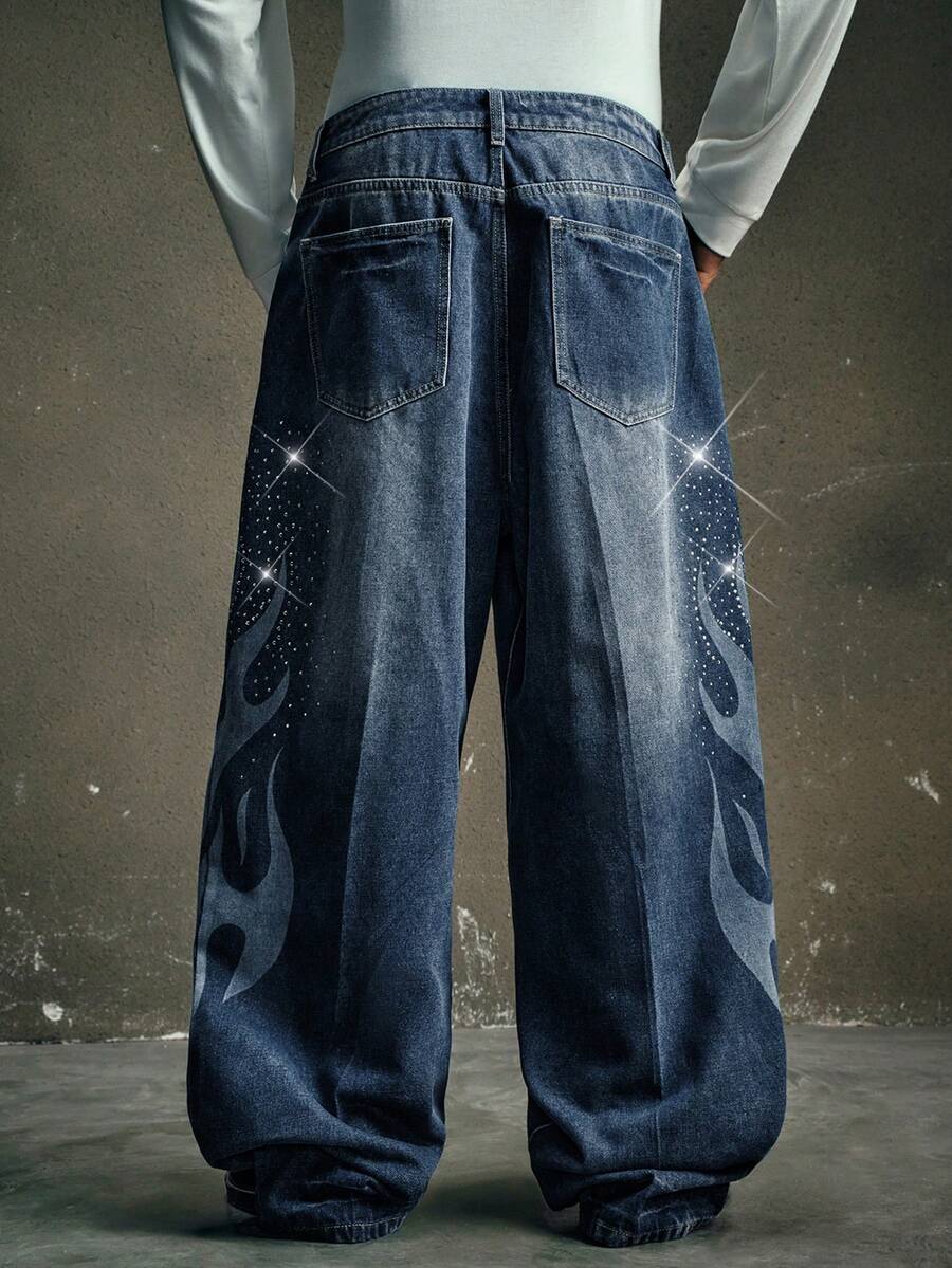 Fashionable Straight Loose Fit Patchwork Frayed Hem Men's Baggy Denim Jeans, Streetwear Style