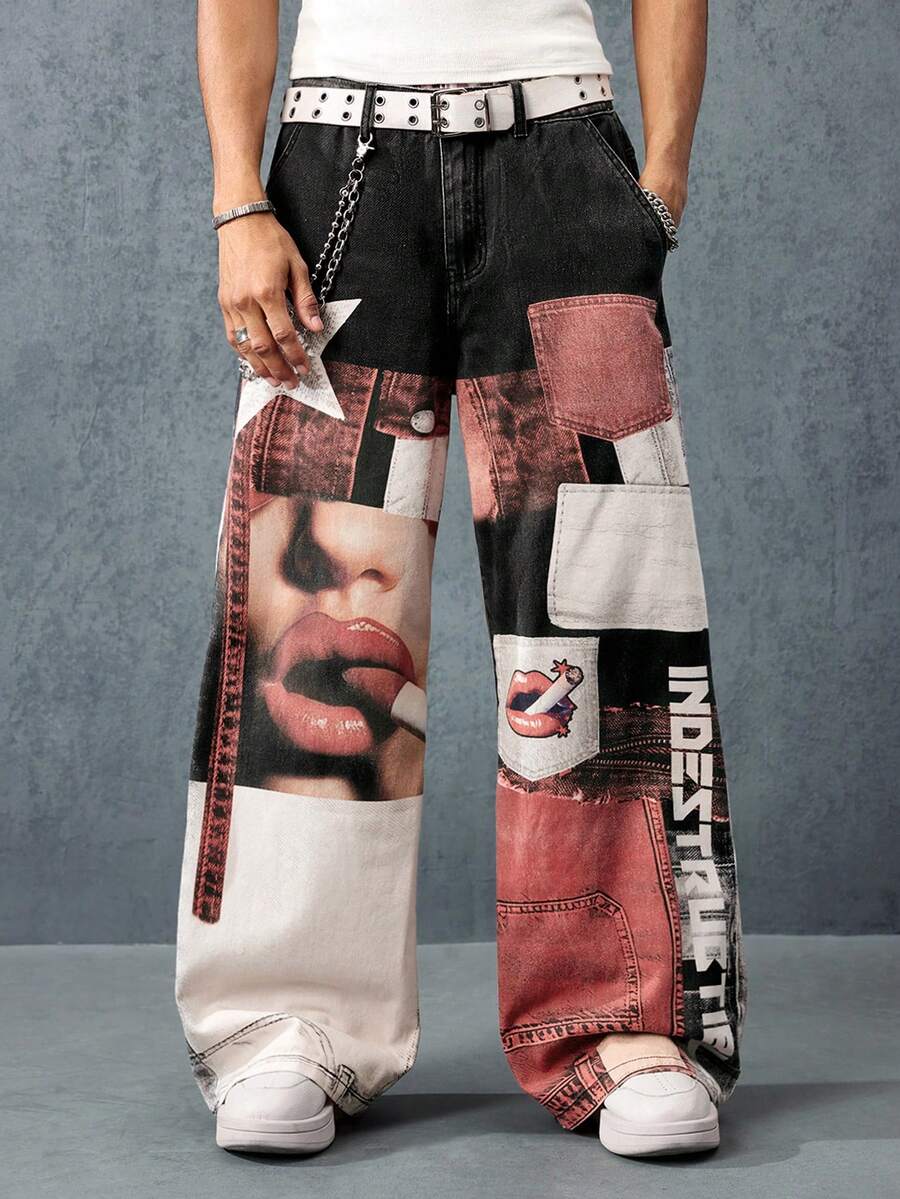 Men's Straight Digital Lip Print Casual Jeans