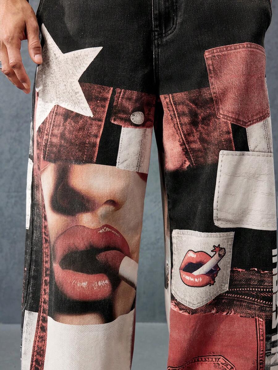 Men's Straight Digital Lip Print Casual Jeans