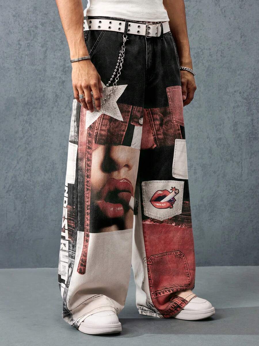 Men's Straight Digital Lip Print Casual Jeans
