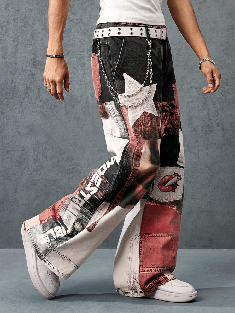 Men's Straight Digital Lip Print Casual Jeans