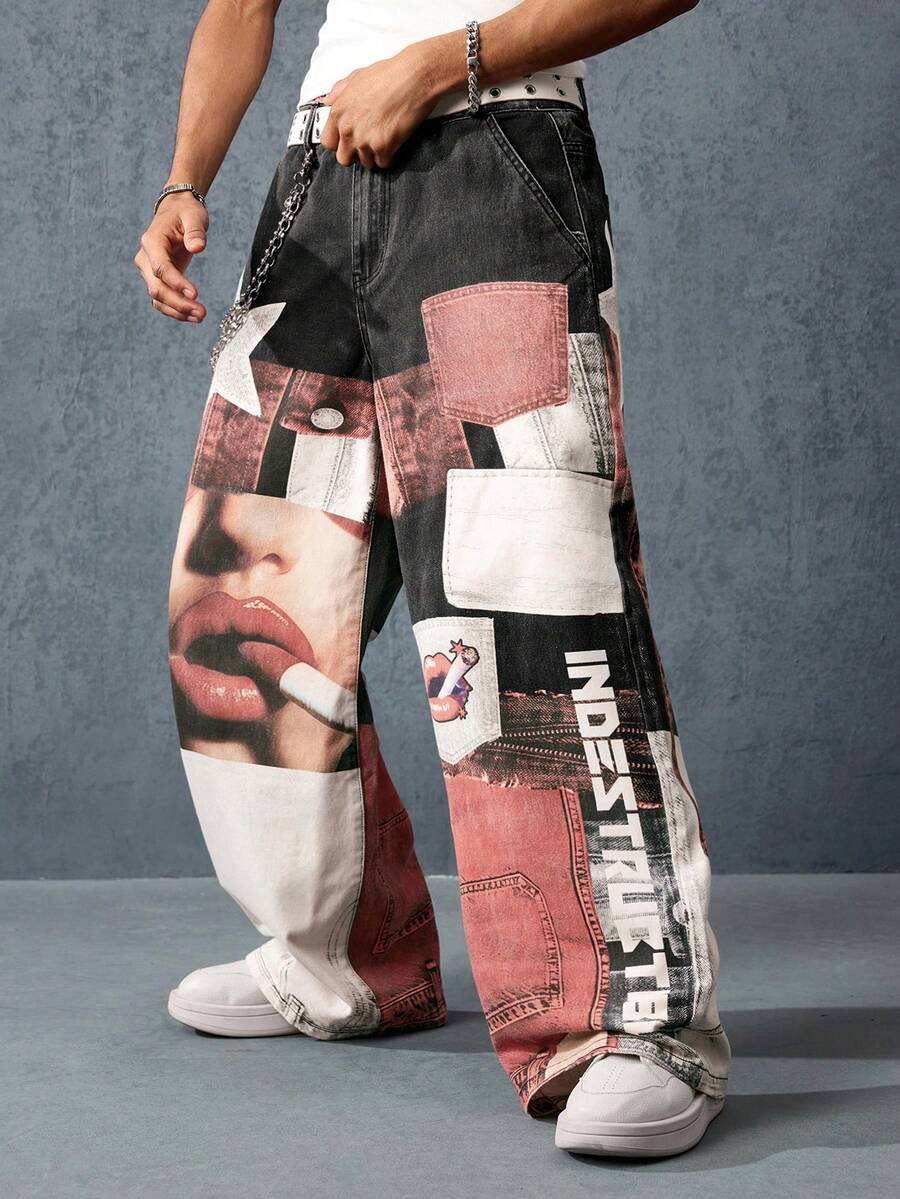 Men's Straight Digital Lip Print Casual Jeans