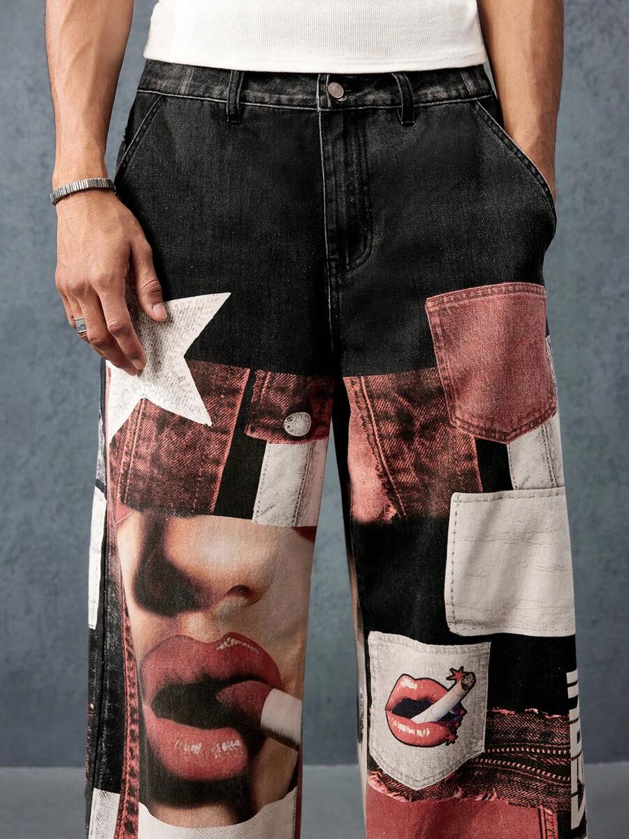 Men's Straight Digital Lip Print Casual Jeans