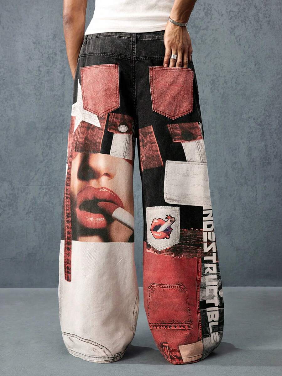 Men's Straight Digital Lip Print Casual Jeans