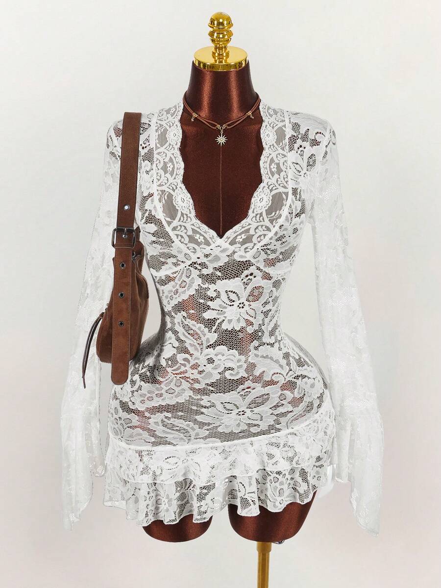 Sheer Low-Cut Hippie Style Mini Dress
