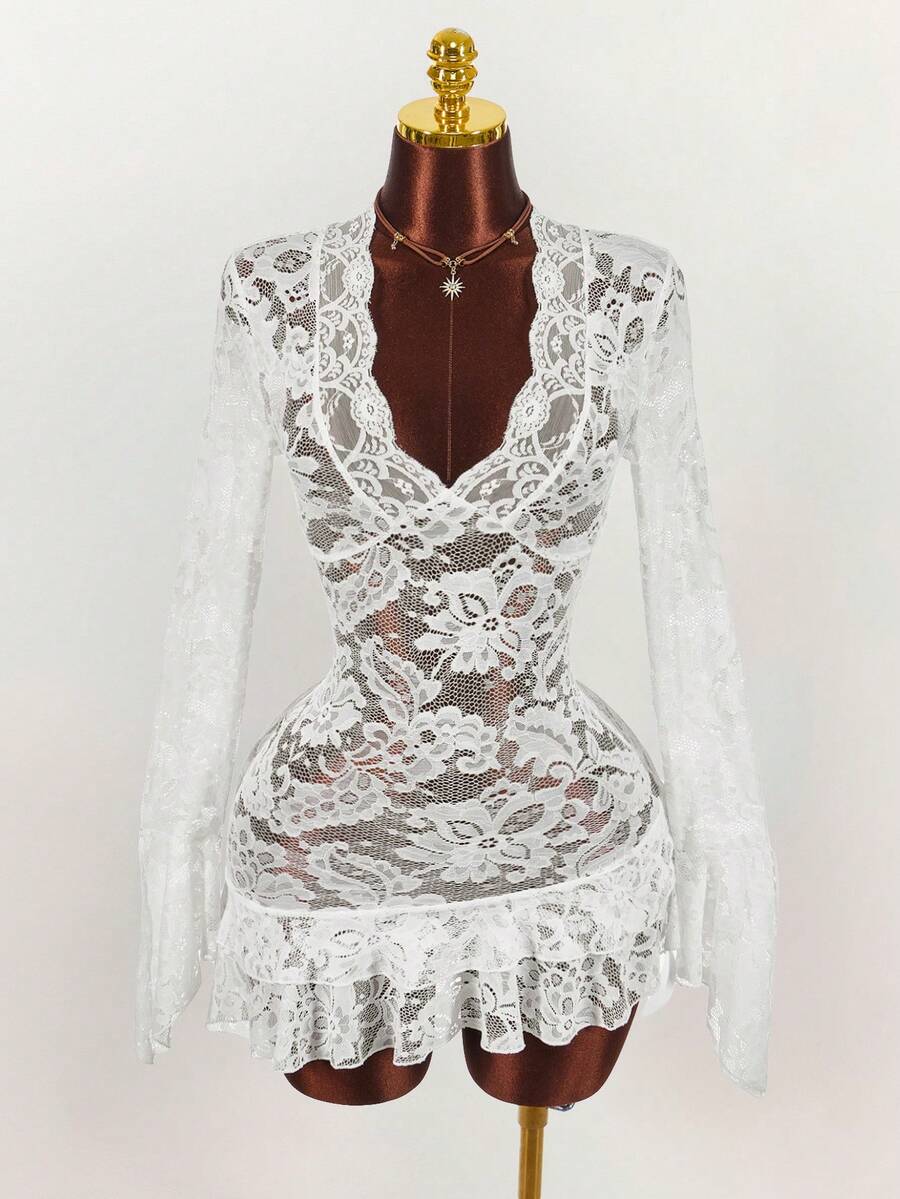 Sheer Low-Cut Hippie Style Mini Dress