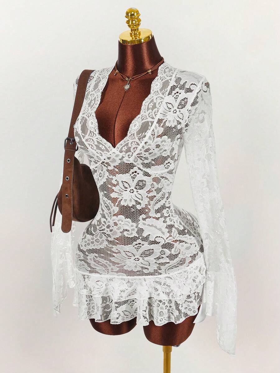 Sheer Low-Cut Hippie Style Mini Dress